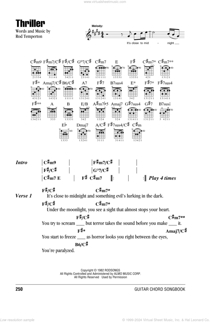 Thriller sheet music for guitar (chords) by Michael Jackson and Rod Temperton, intermediate skill level