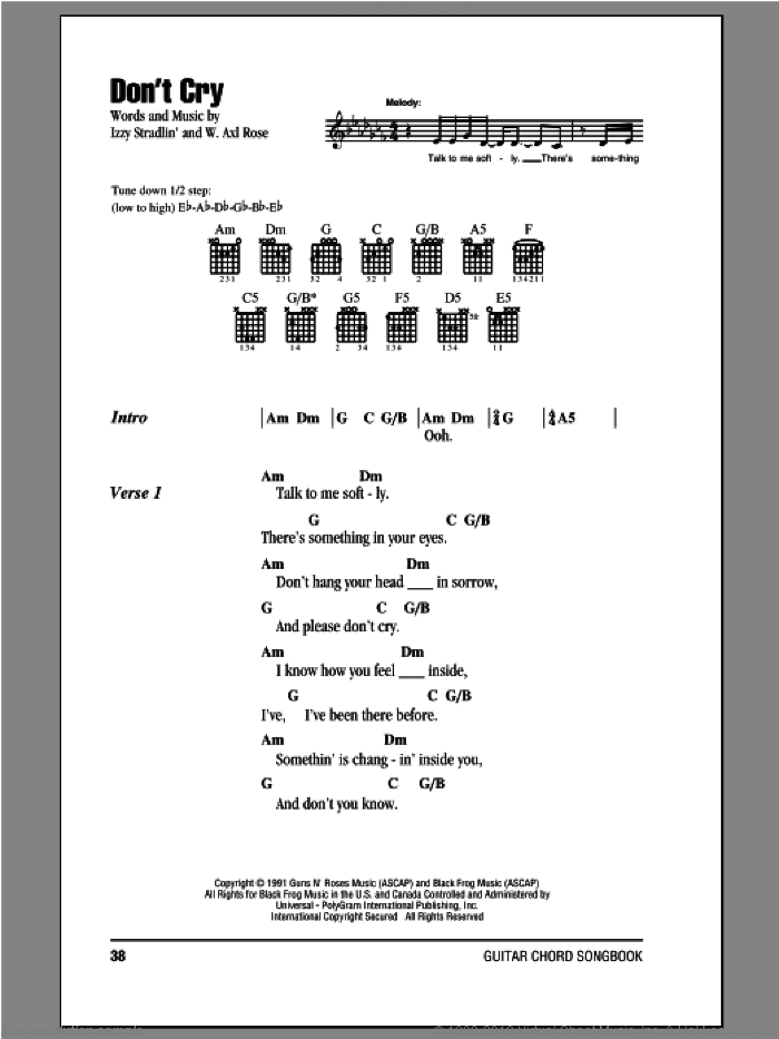 Don't Cry sheet music for guitar (chords) by Guns N' Roses and Axl Rose, intermediate skill level