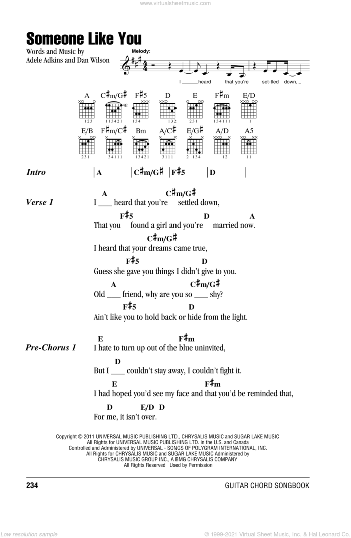Someone Like You sheet music for guitar (chords) by Adele, Adele Adkins and Dan Wilson, intermediate skill level