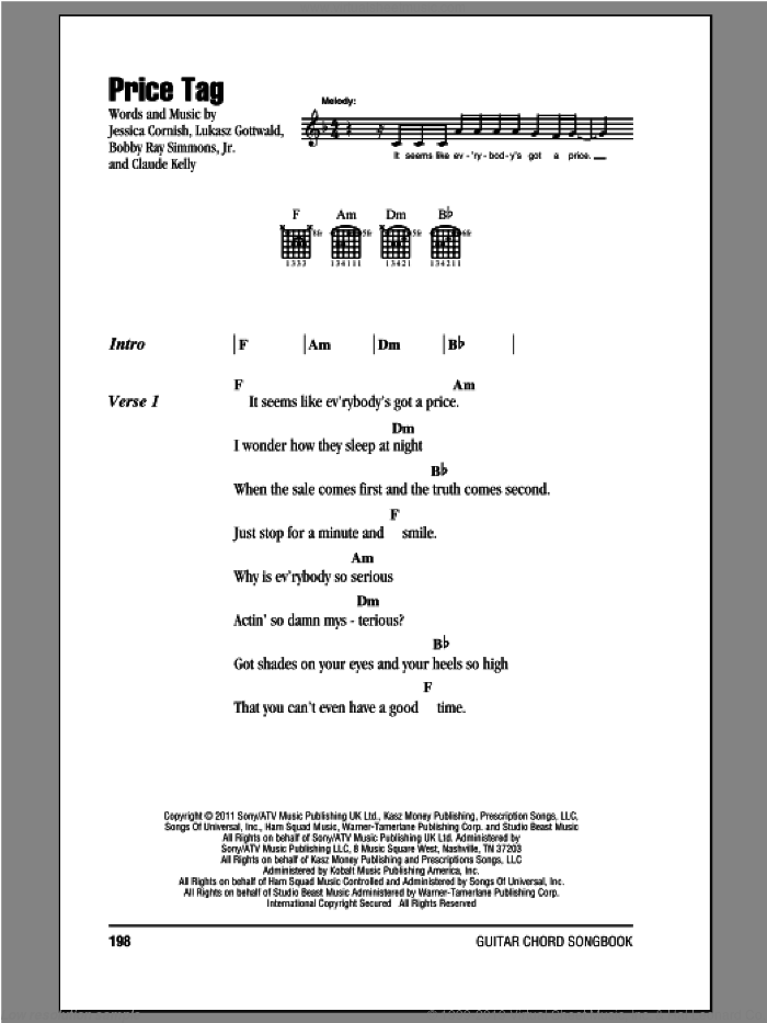 Price Tag sheet music for guitar (chords) by Jessie J, B.o.B. and Jessica Cornish, intermediate skill level