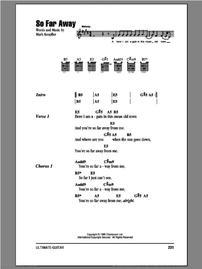 So Far Away sheet music for guitar (chords) by Dire Straits and Mark Knopfler, intermediate skill level
