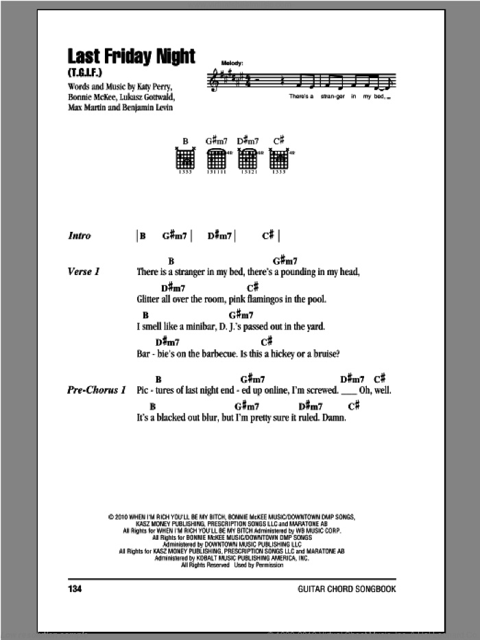 Last Friday Night (T.G.I.F.) sheet music for guitar (chords) by Katy Perry, intermediate skill level