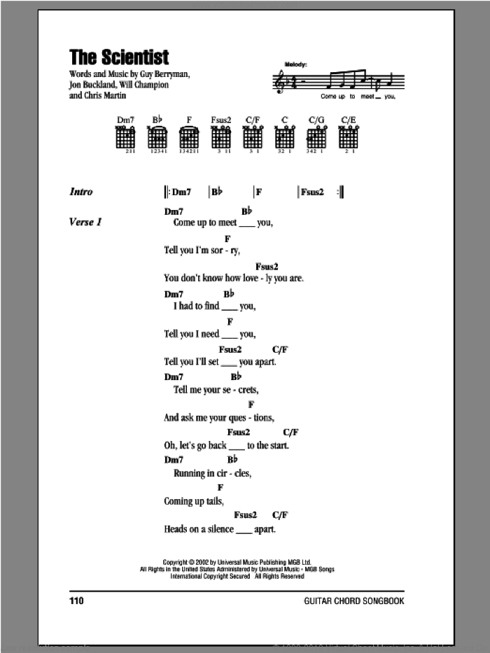 The Scientist sheet music for guitar (chords) by Coldplay, Guy Berryman, Jon Buckland and Will Champion, intermediate skill level