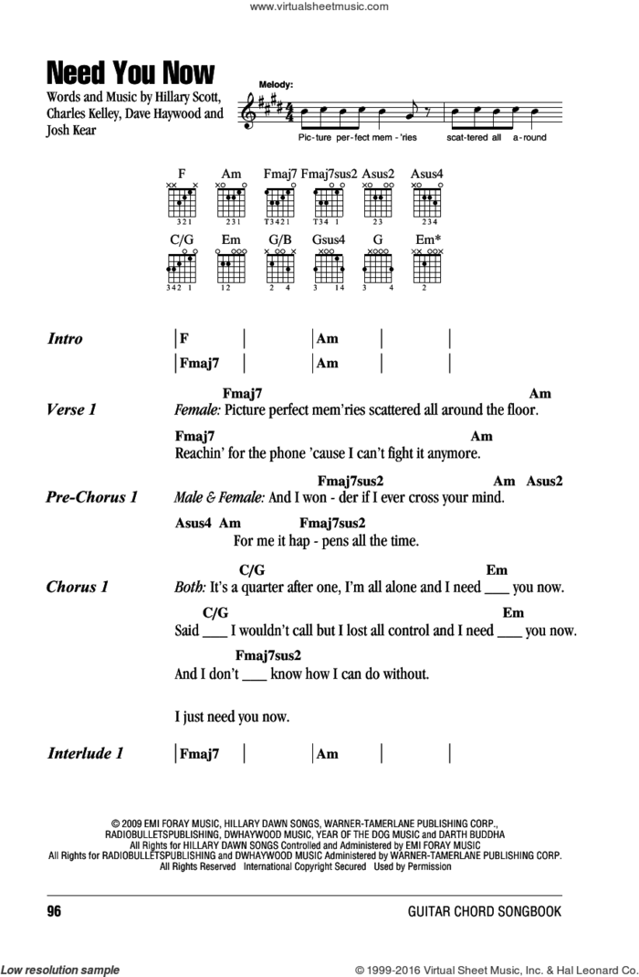 Need You Now sheet music for guitar (chords) by Lady Antebellum and Lady A, intermediate skill level