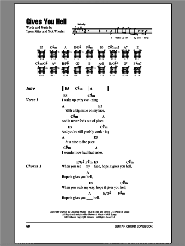 Gives You Hell sheet music for guitar (chords) by The All-American Rejects and Tyson Ritter, intermediate skill level