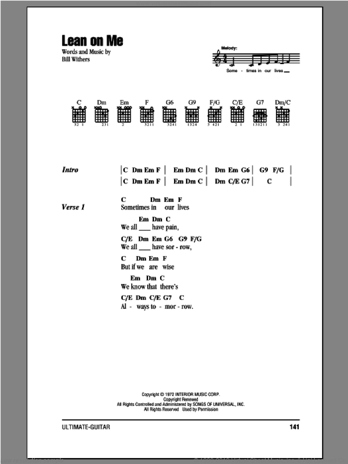 Lean On Me sheet music for guitar (chords) by Bill Withers, intermediate skill level