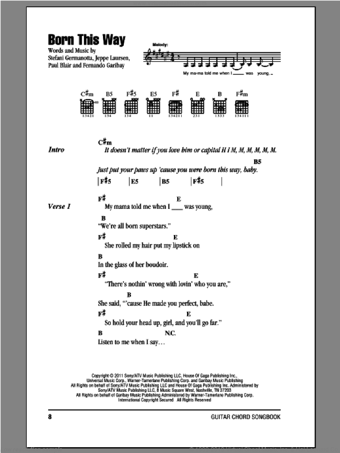 Born This Way sheet music for guitar (chords) by Lady Gaga, intermediate skill level