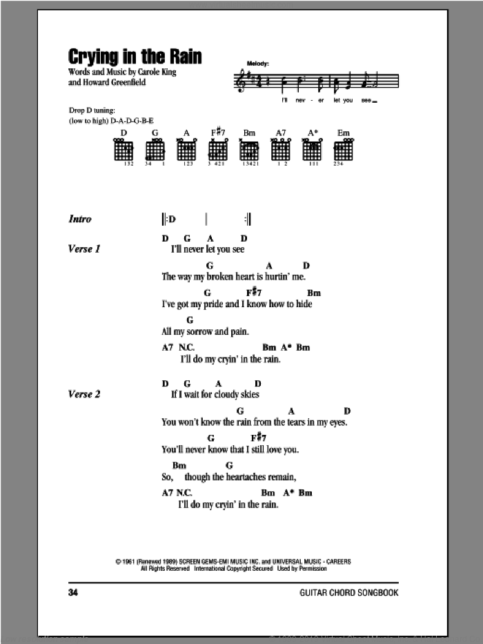 Crying In The Rain sheet music for guitar (chords) by Everly Brothers, Carole King and Howard Greenfield, intermediate skill level