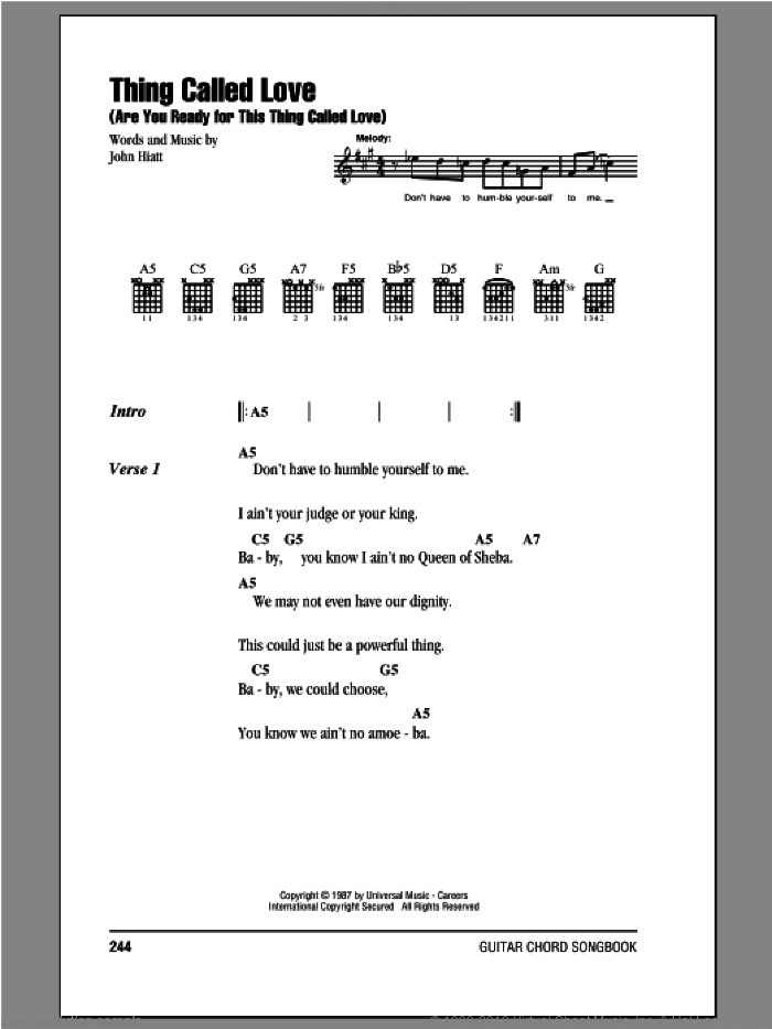 Thing Called Love (Are You Ready For This Thing Called Love) sheet music for guitar (chords) by Bonnie Raitt and John Hiatt, intermediate skill level