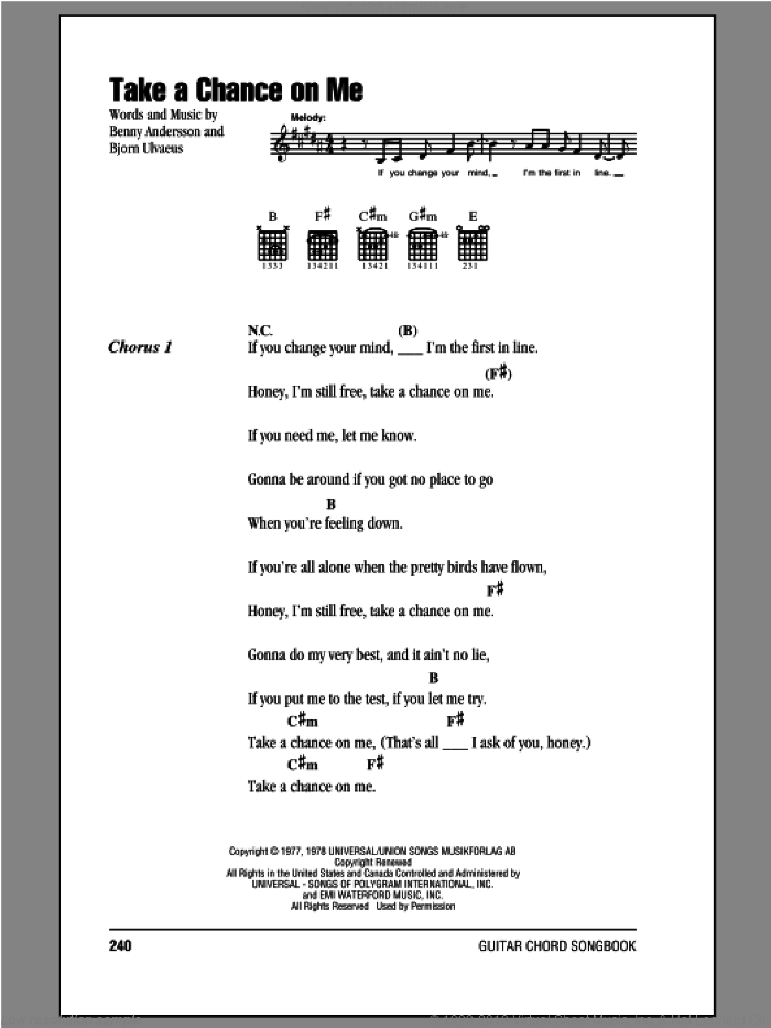 Take A Chance On Me sheet music for guitar (chords) by ABBA, Benny Andersson and Bjorn Ulvaeus, intermediate skill level
