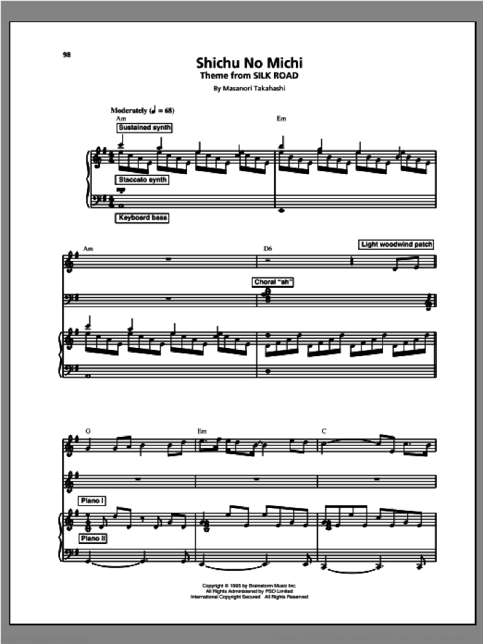 Shichu No Michi sheet music for voice and piano by Kitaro and Masanori Takahashi, intermediate skill level