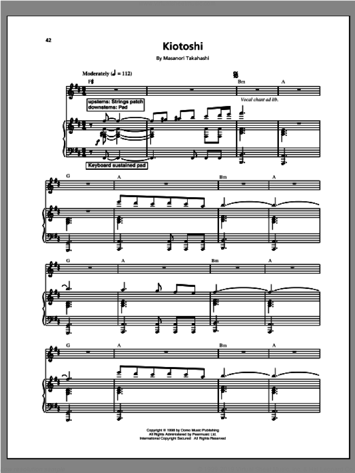 Kiotoshi sheet music for voice and piano by Kitaro and Masanori Takahashi, intermediate skill level