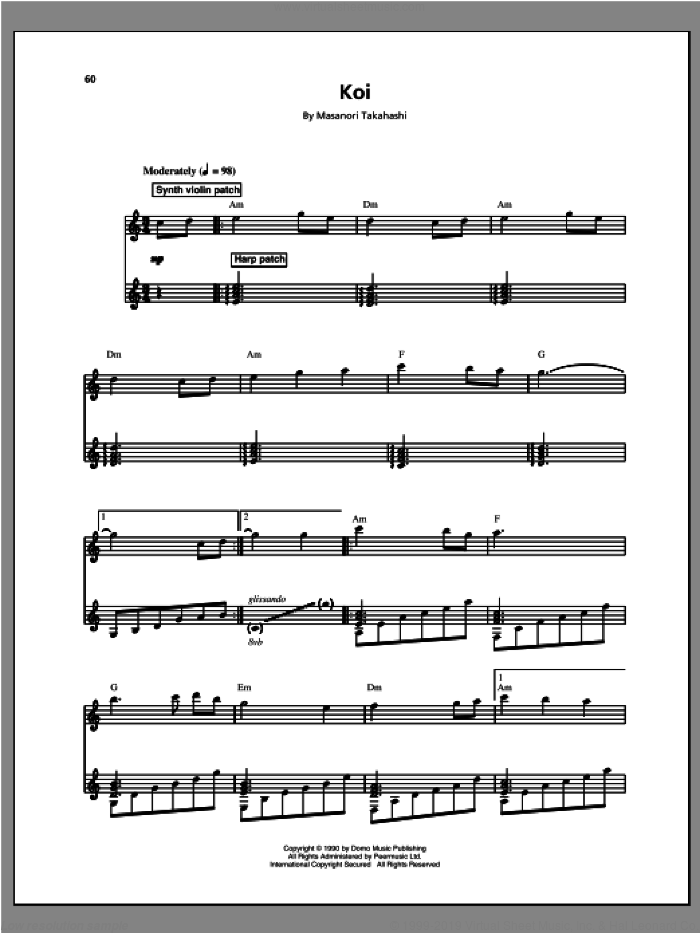 Koi sheet music for voice and piano by Kitaro and Masanori Takahashi, intermediate skill level