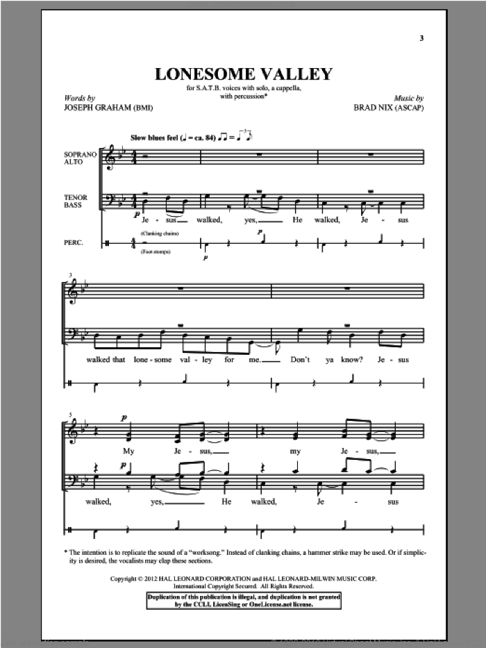 Lonesome Valley sheet music for choir (SATB: soprano, alto, tenor, bass) by Brad Nix and Joseph Graham, intermediate skill level