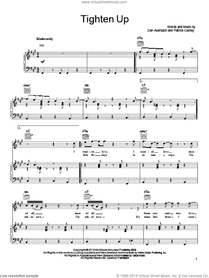 Tighten Up sheet music for voice, piano or guitar by The Black Keys, Daniel Auerbach and Patrick Carney, intermediate skill level