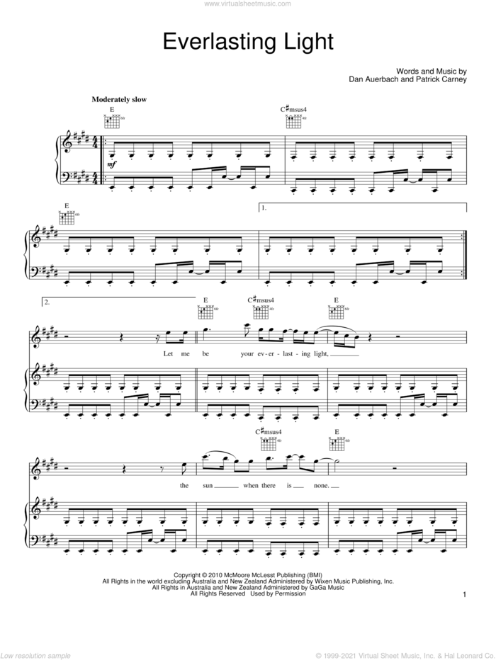 Everlasting Light sheet music for voice, piano or guitar by The Black Keys, Daniel Auerbach and Patrick Carney, intermediate skill level