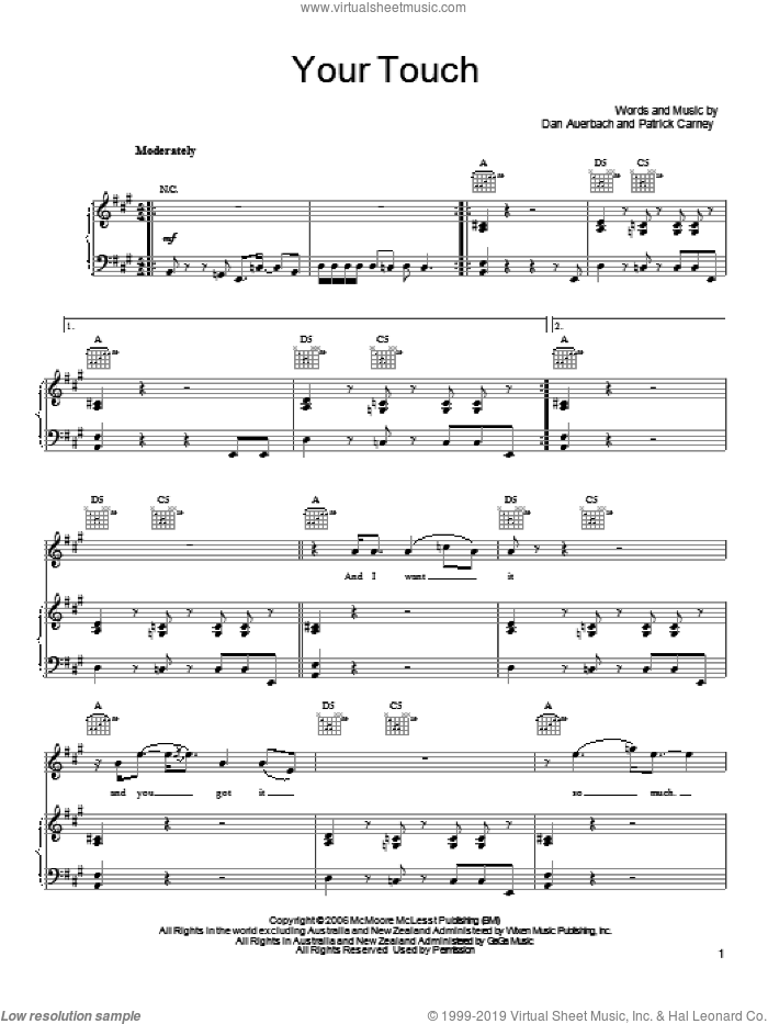 Your Touch sheet music for voice, piano or guitar by The Black Keys, Daniel Auerbach and Patrick Carney, intermediate skill level