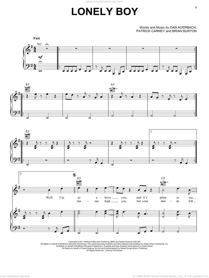Lonely Boy sheet music for voice, piano or guitar by The Black Keys, Brian Burton, Daniel Auerbach and Patrick Carney, intermediate skill level