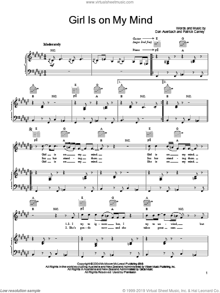 Girl Is On My Mind sheet music for voice, piano or guitar by The Black Keys, Daniel Auerbach and Patrick Carney, intermediate skill level