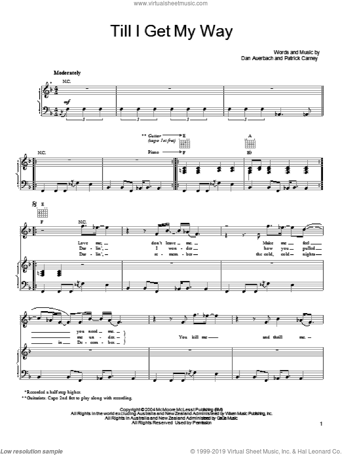 Till I Get My Way sheet music for voice, piano or guitar by The Black Keys, Daniel Auerbach and Patrick Carney, intermediate skill level