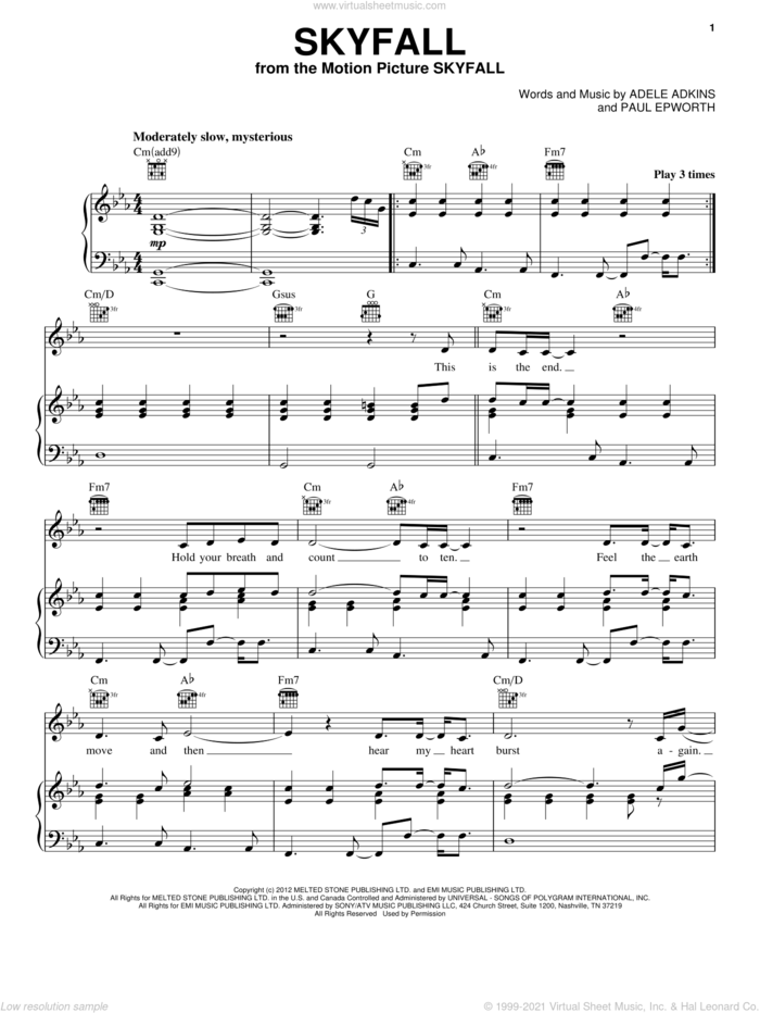 Skyfall sheet music for voice, piano or guitar by Adele, Adele Adkins, Paul Epworth and Skyfall (Movie), intermediate skill level