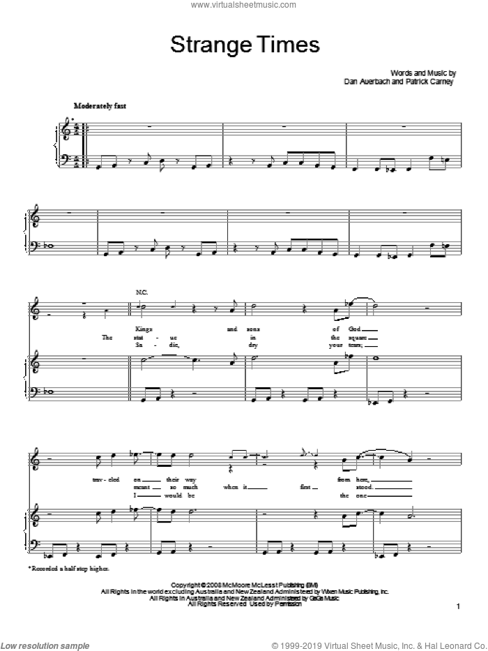 Strange Times sheet music for voice, piano or guitar by The Black Keys, Daniel Auerbach and Patrick Carney, intermediate skill level