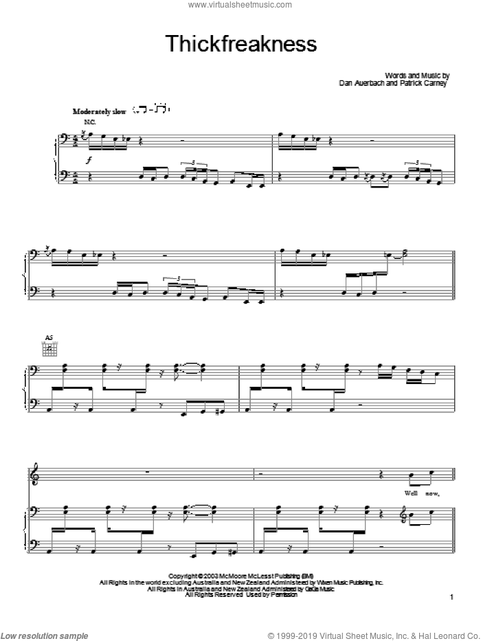 Thickfreakness sheet music for voice, piano or guitar by The Black Keys, Daniel Auerbach and Patrick Carney, intermediate skill level