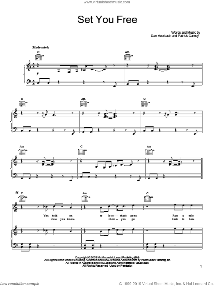 Set You Free sheet music for voice, piano or guitar by The Black Keys, Daniel Auerbach and Patrick Carney, intermediate skill level