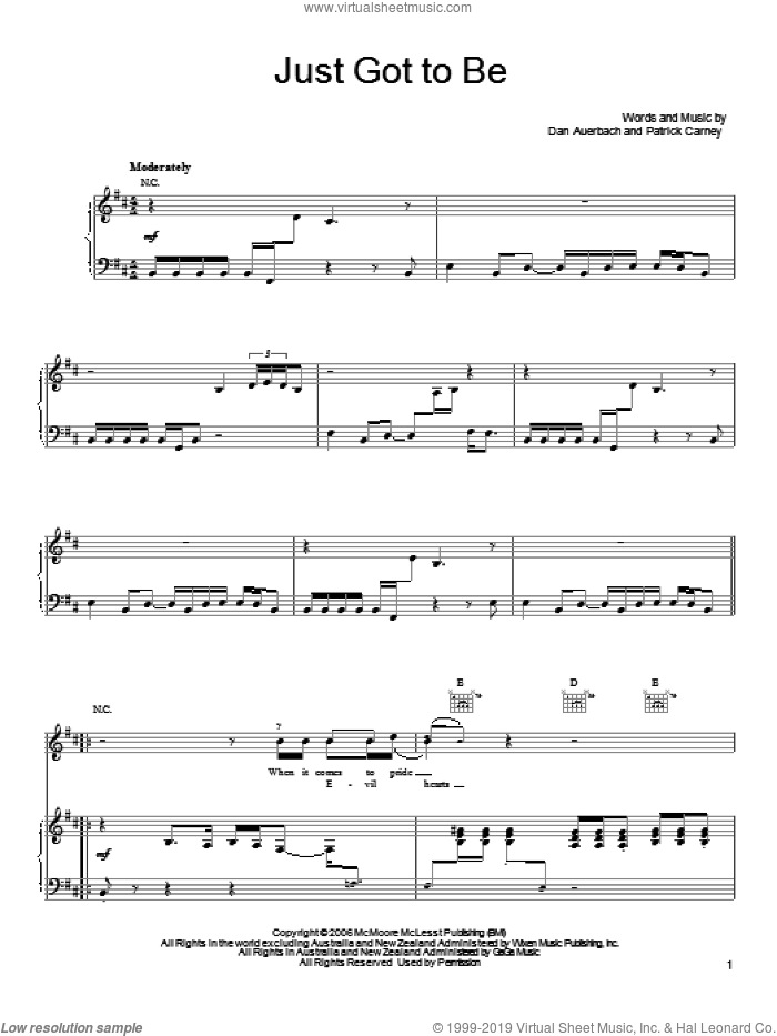 Just Got To Be sheet music for voice, piano or guitar by The Black Keys, Daniel Auerbach and Patrick Carney, intermediate skill level
