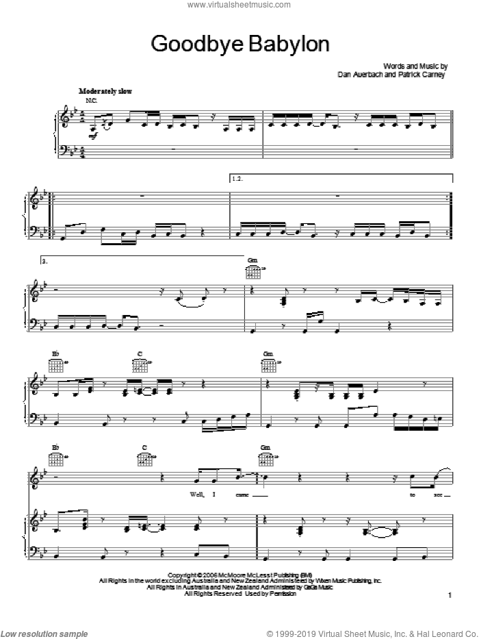 Goodbye Babylon sheet music for voice, piano or guitar by The Black Keys, Daniel Auerbach and Patrick Carney, intermediate skill level