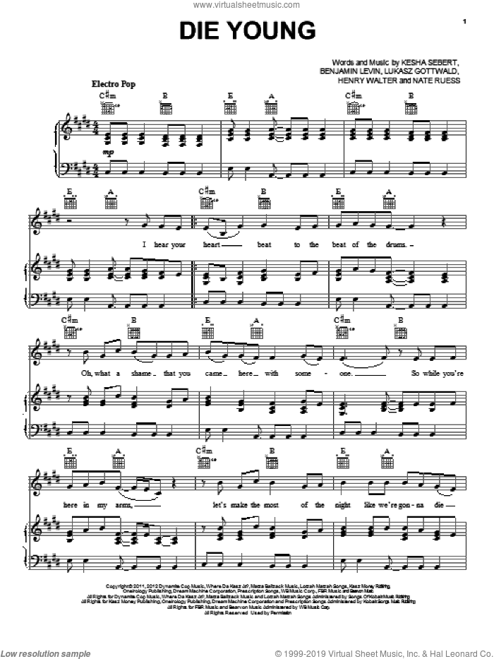 Die Young sheet music for voice, piano or guitar by Kesha, Benjamin Levin, Henry Walter, Kesha Sebert, Lukasz Gottwald and Nate Ruess, intermediate skill level