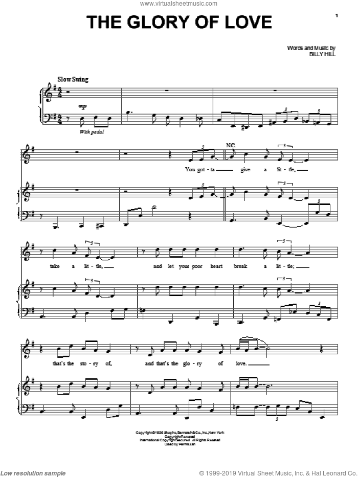 The Glory Of Love sheet music for voice, piano or guitar by Paul McCartney, Billy Hill, Count Basie, Jimmy Durante, Peggy Lee and The Platters, intermediate skill level