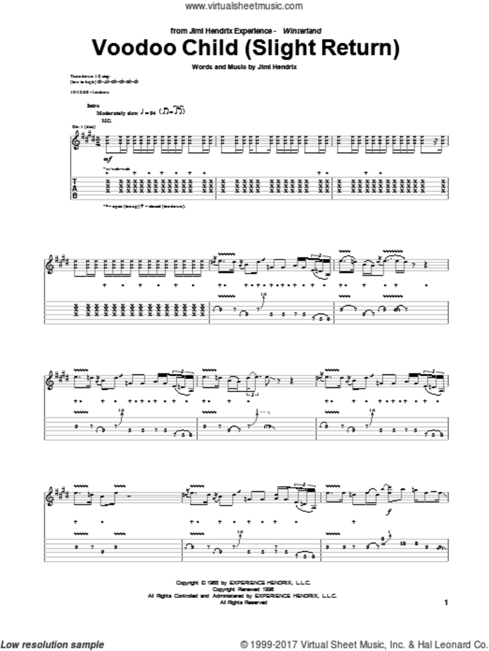 Voodoo Child (Slight Return) sheet music for guitar (tablature) by Jimi Hendrix and Stevie Ray Vaughan, intermediate skill level