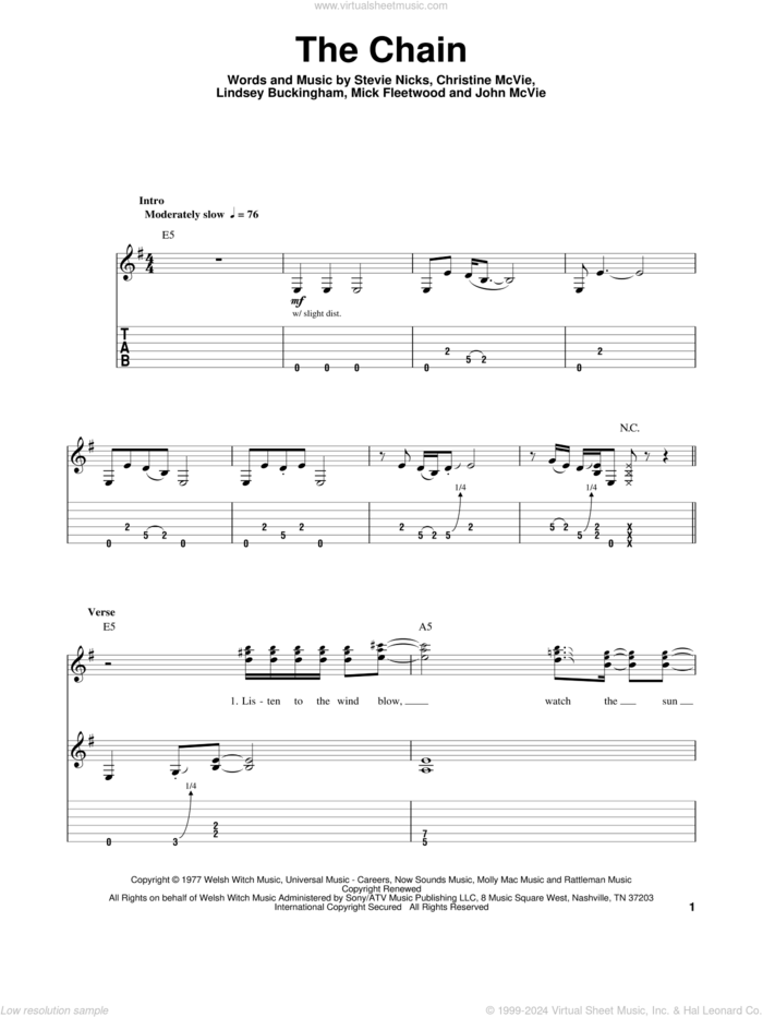 The Chain sheet music for guitar (tablature, play-along) by Fleetwood Mac, Mick Fleetwood and Stevie Nicks, intermediate skill level