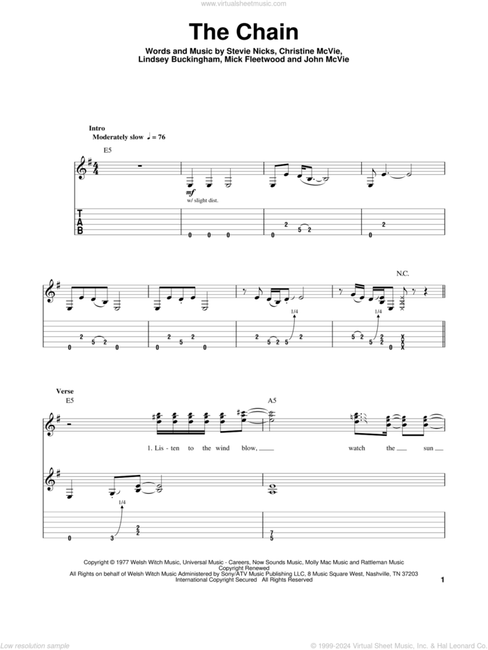 The Chain sheet music for guitar (tablature, play-along) by Fleetwood Mac, Mick Fleetwood and Stevie Nicks, intermediate skill level