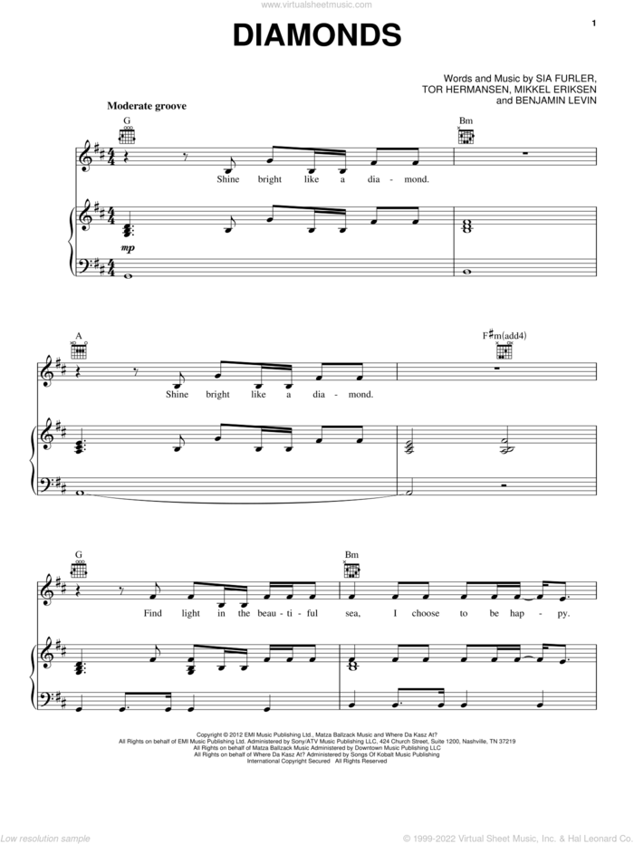 Diamonds sheet music for voice, piano or guitar by Rihanna, intermediate skill level