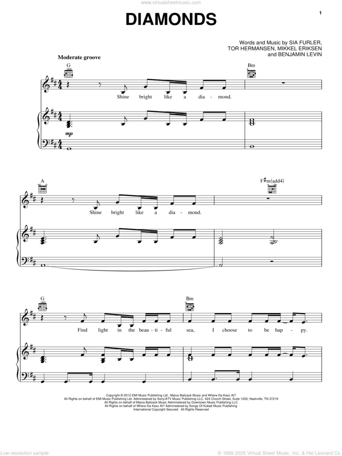 Diamonds sheet music for voice, piano or guitar by Rihanna, intermediate skill level