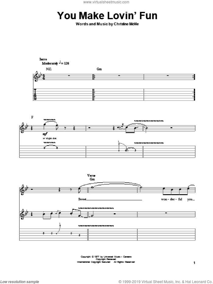 You Make Lovin' Fun sheet music for guitar (tablature, play-along) by Fleetwood Mac and Christine McVie, intermediate skill level