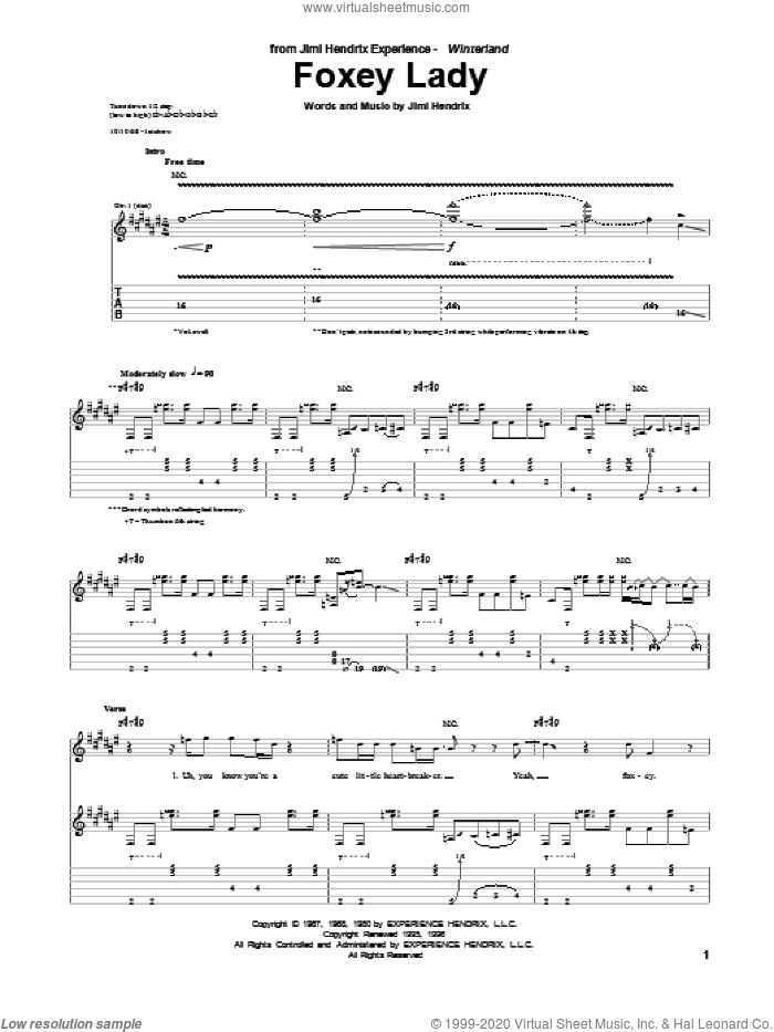 Hendrix - Foxey Lady sheet music for guitar (tablature) v2