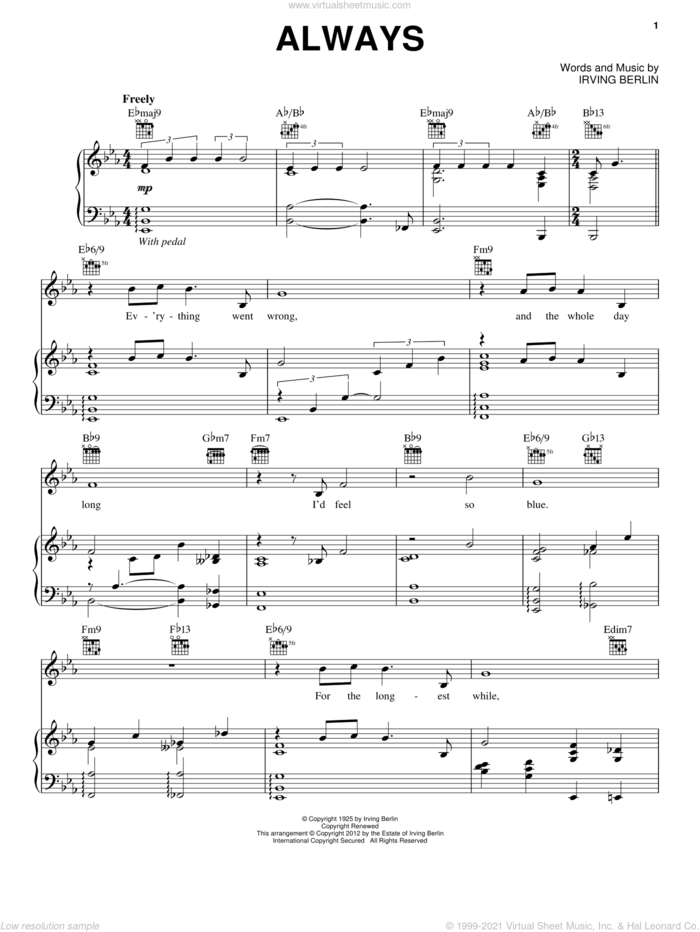 Always sheet music for voice, piano or guitar by Paul McCartney, Billie Holiday, Frank Sinatra, Irving Berlin and Patsy Cline, intermediate skill level