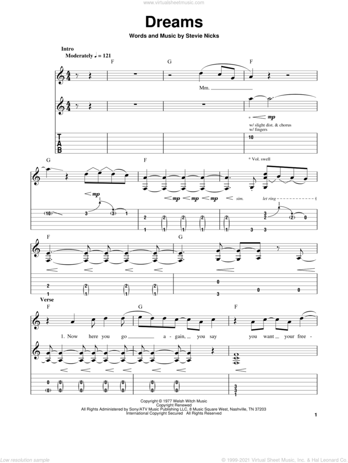 Dreams sheet music for guitar (tablature, play-along) by Fleetwood Mac and Stevie Nicks, intermediate skill level