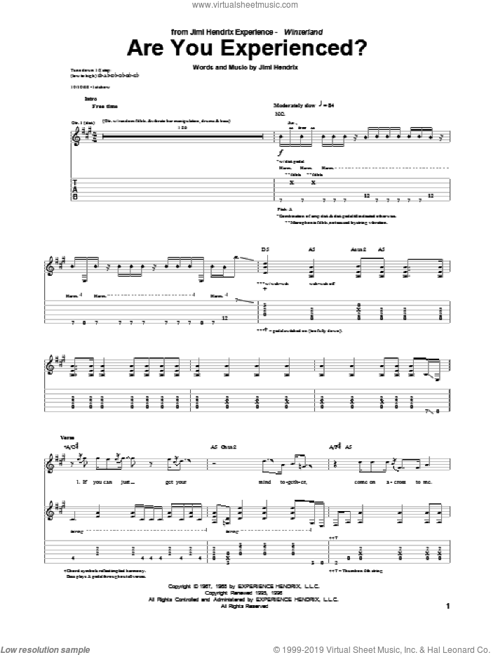 Are You Experienced? sheet music for guitar (tablature) by Jimi Hendrix, intermediate skill level