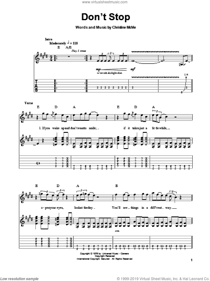 Don't Stop sheet music for guitar (tablature, play-along) by Fleetwood Mac and Christine McVie, intermediate skill level