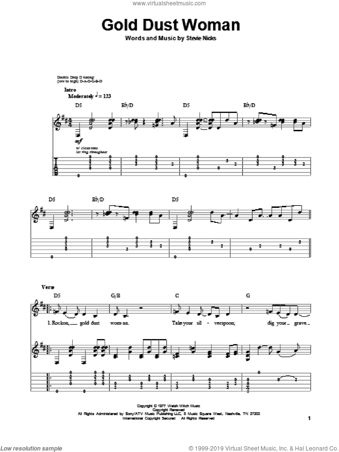 Gold Dust Woman sheet music for guitar (tablature, play-along) by Fleetwood Mac and Stevie Nicks, intermediate skill level