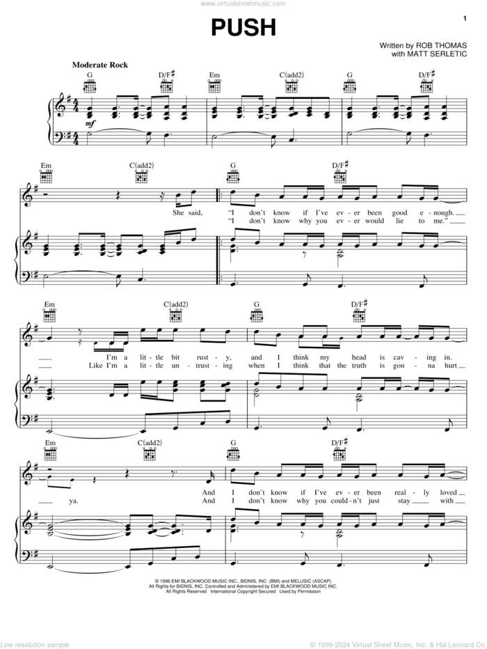 Push sheet music for voice, piano or guitar by Matchbox Twenty, Matchbox 20, Matt Serletic and Rob Thomas, intermediate skill level