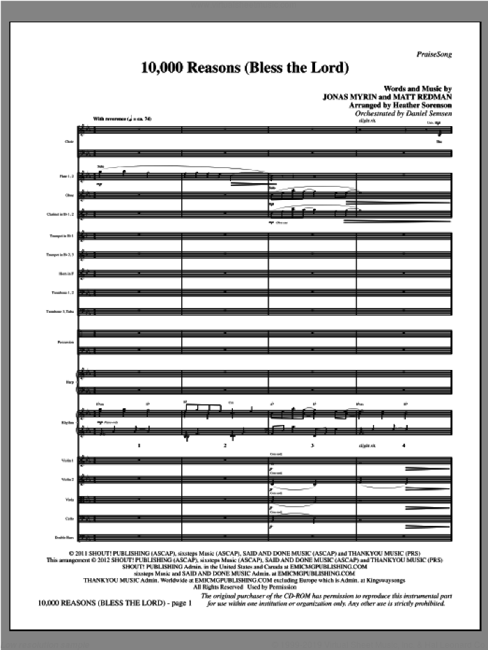 10,000 Reasons (Bless The Lord) (complete set of parts) sheet music for orchestra/band (Orchestra) by Heather Sorenson, Jonas Myrin and Matt Redman, intermediate skill level