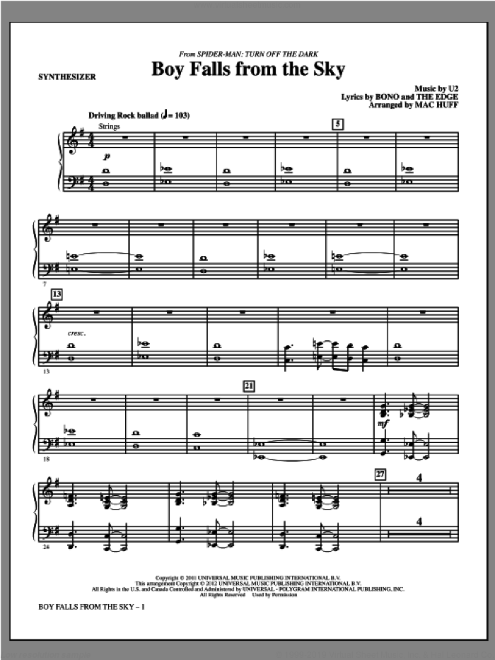 Boy Falls From The Sky (from Spider-Man: Turn Off the Dark) sheet music for orchestra/band (synthesizer) by U2, Bono, Mac Huff and The Edge, intermediate skill level