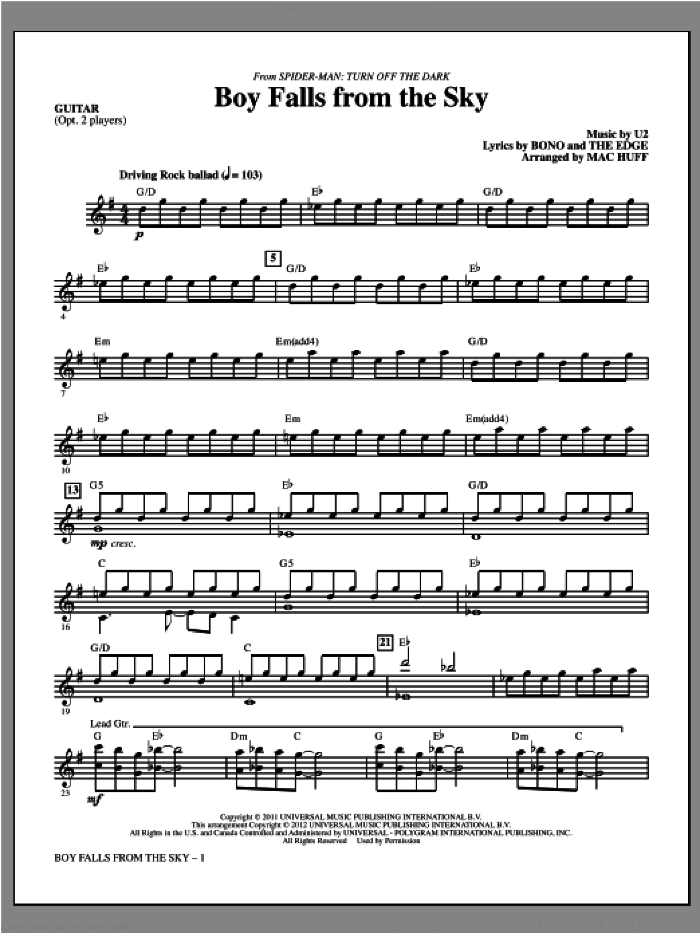 Boy Falls From The Sky (from Spider-Man: Turn Off the Dark) sheet music for orchestra/band (guitar) by U2, Bono, Mac Huff and The Edge, intermediate skill level