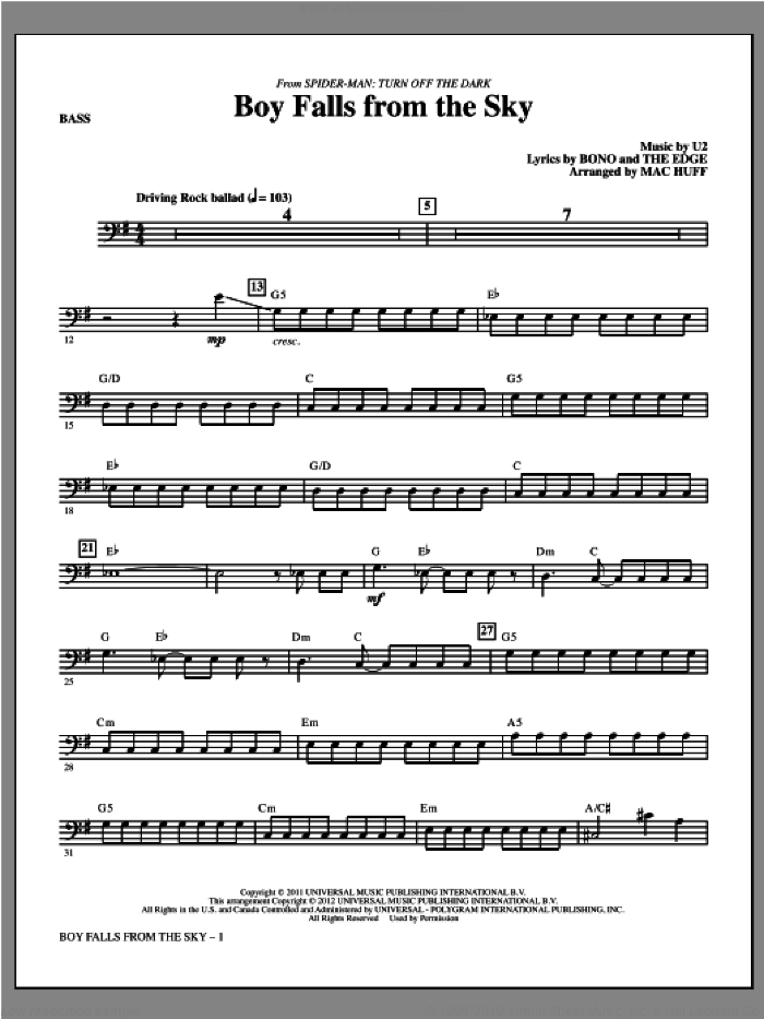 Boy Falls From The Sky (from Spider-Man: Turn Off the Dark) sheet music for orchestra/band (bass) by U2, Bono, Mac Huff and The Edge, intermediate skill level