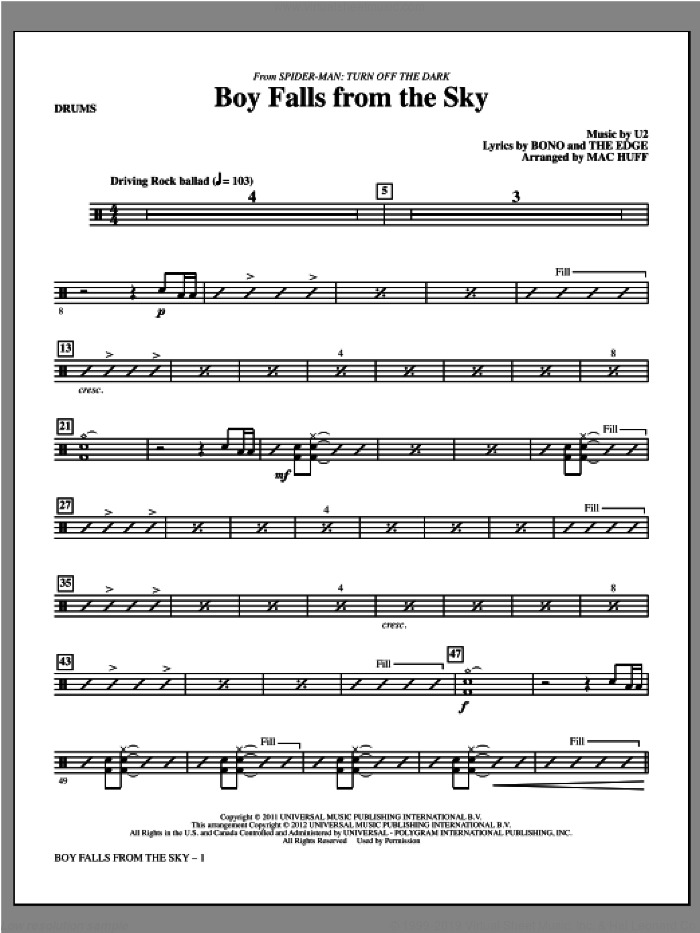 Boy Falls From The Sky (from Spider-Man: Turn Off the Dark) sheet music for orchestra/band (drums) by U2, Bono, Mac Huff and The Edge, intermediate skill level